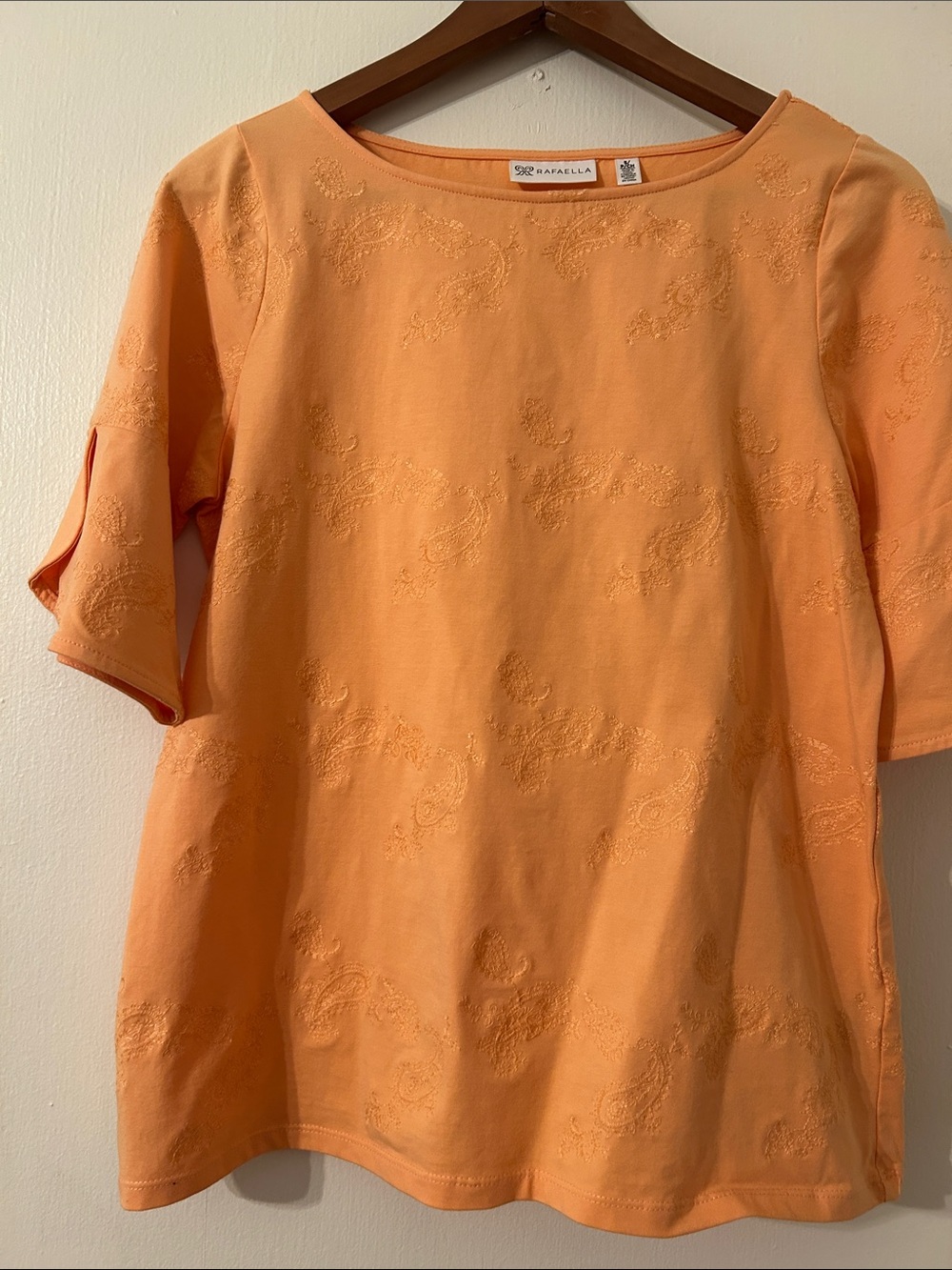Rafaella Peach-Orange Embroidered Short Butterfly-Sleeve Top